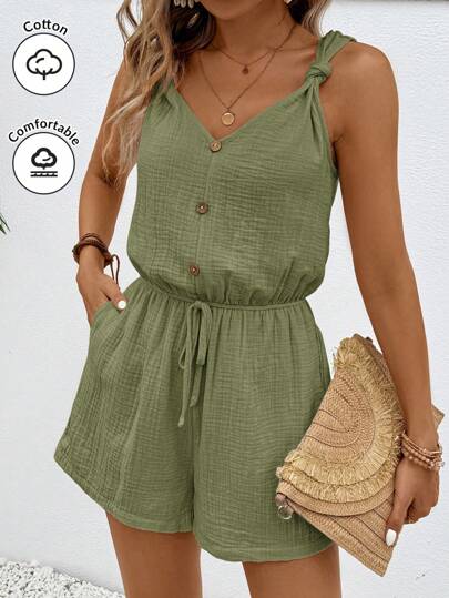 SHEIN Frenchy Women Texture Button Decor Elastic Waistband Summer Simple Casual Jumpsuit Shorts Women Rompers Shorts Women Linen Jumpsuit Comfy Jumpsuit Green Christmas