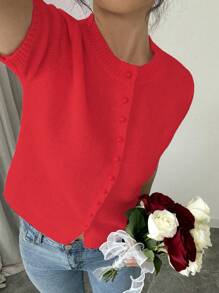Chiquease New Arrival Casual Loose Pink Simple Button Knit Pullover Sweater, Women Short Sleeve - Red - View 7