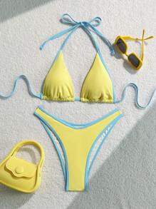 Swim Mod Women Summer Beach Swimwear Outfit, Fashionable Casual Holiday Pale Yellow Bikini Set - Yellow - View 6
