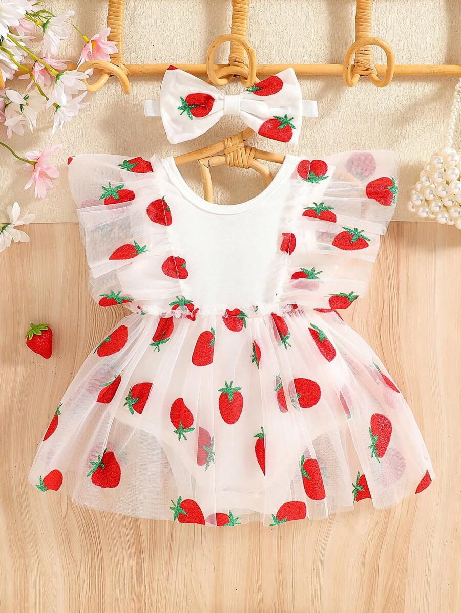 SHEIN Baby Girls' Strawberry Mesh Tutu Romper With 3D Strawberry Hair Clip, Photography Outfit - White - View 1
