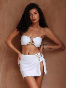 Swim Oasis 3pcs Women Solid Color Gold Accent Vacation Set: Bandeau Bikini Top, High Waist Bikini Bottoms, And Cut-Out Short Beach Dress, Boho Style Festival Swimwear For Summer - White - View 3