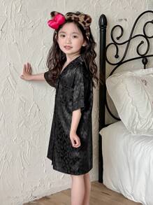 DAZY Leopardenmuster Kurzarm Knopffront Lässig Kleid Loungewear für Kleine Mädchen, Frühling und Sommer