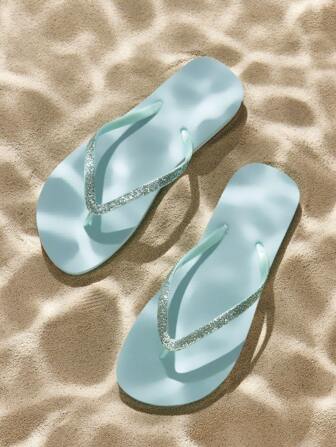 Women's Fashionable Glitter Green Flat Flip Flop Sandals, Comfortable & Stretchy, Suitable For Home, Vacation, Resort And More Occasions, Beach Shoes