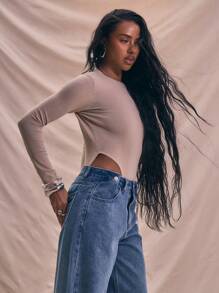 MUSERA Body de manga larga de punto transparente, casual para y verano - Caqui - Ver 2