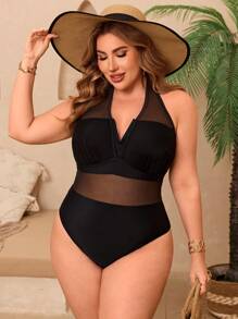 SHEIN Swim Curve 大码女式连体纯色吊带系带网眼拼接海滩度假比基尼泳装 - 黑色 - 查看 4