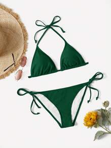 SHEIN Swim Women's Green Bikini Set, Triangle Cup Halter Neck Beach Swimsuit, Spring/Summer Resort - Green - View 3