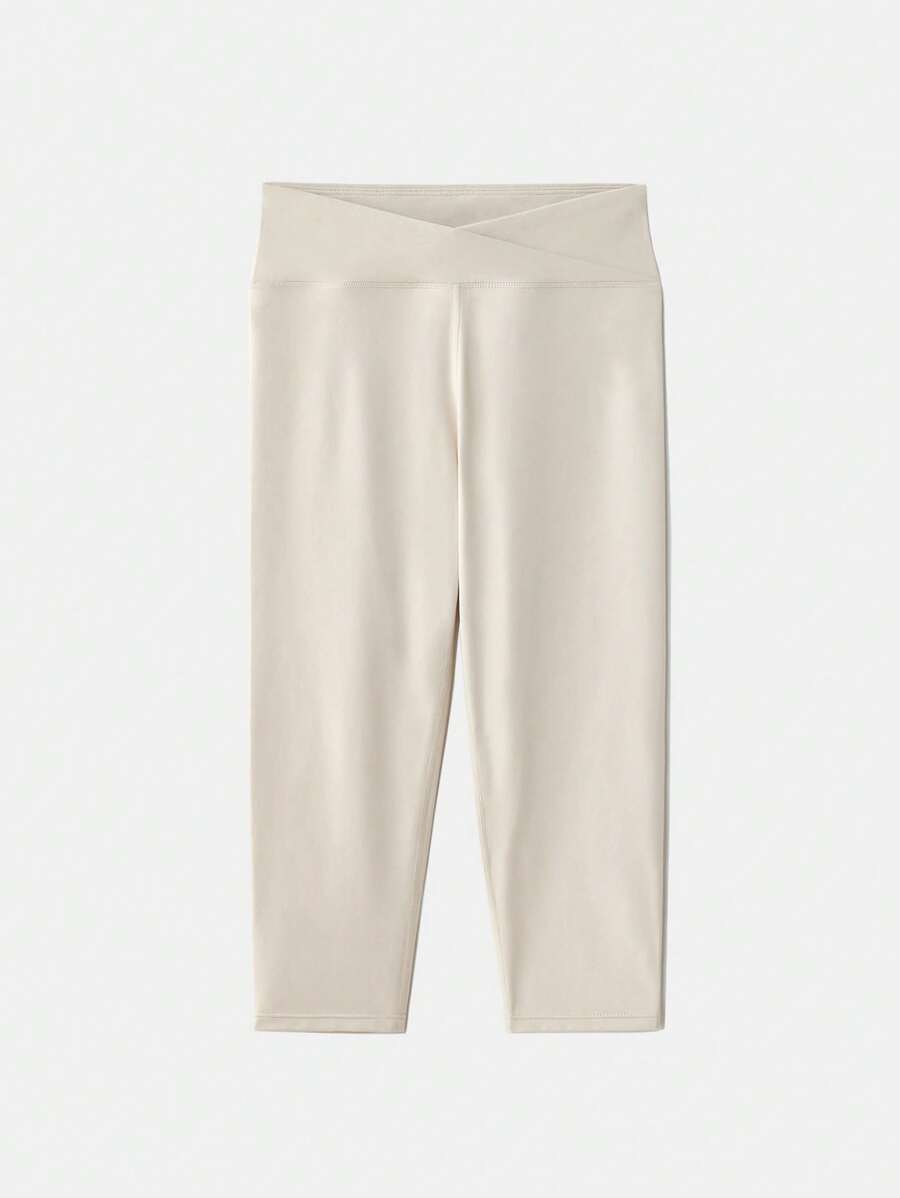 SHEIN 女式纯色不对称腰部休闲运动紧身裤 - 卡其色 - 查看 1