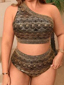 Swim Lushoire 大码女式两件套泳衣套装 - 金属金箔和黑色带状单肩和高腰泳裤，优雅的海滩度假泳装 - 金色 - 查看 4