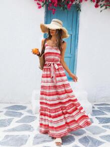 Vivid Eden Woven Stripe Print Spaghetti Strap Dress For Women,Summer Maxi Dress Women, , Boho Dresses For Women, Summer Dresses For Women Vacation, Beach Dresses For Woman,Boho Vacation Dress