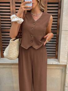 SHEIN Frenchy Bộ 2 món đồ cho nữ, áo vest một hàng khuy và quần dài màu trơn, trang phục đi nghỉ - Cà phê nâu - Xem 4