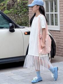 DAZY Váy lưới đan cổ tròn tương phản cho bé gái tuổi mới lớn, mùa hè, quần áo trở lại trường - trắng - Xem 8