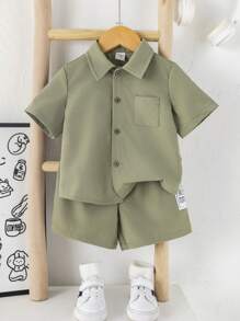 SHEIN Leap Crew 2 Stücke/Set lässiger College Stil bequemer vielseitiger Buchstaben Dekor Kurzarmhemd mit weitem Kragen & Shorts mit elastischem Bund, geeignet für Frühlings- und Sommerausflüge, Partys, für Baby Jungen/Mädchen - Grün - Übersicht 6