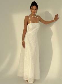 Aloruh New Arrival Pure White Backless Spaghetti Strap Embroidered Flowy Long Dress, Slim Fit Vacation/Beach Party Dress, Spring/Summer - White - View 4