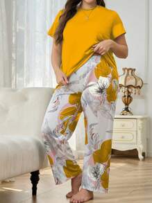 Plus Size Women Plant Print Short Sleeve Top And Pants Pajama Set, Outfits - Yellow - View 5
