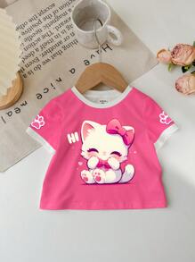 SHEIN Cute Cartoon Cat, Bow & Cat Paw Print Colorblocked Short Sleeve Casual Round Neck Top For Baby Girl, Suitable For Summer - Multicolor - View 2