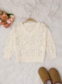 RueChic Women's Crochet-Style Knit Top With Geometric Patterns And Scalloped V-Neck In Cream - White - View 1