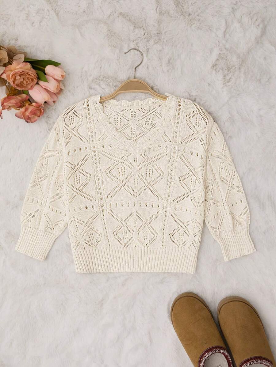 RueChic Women's Crochet-Style Knit Top With Geometric Patterns And Scalloped V-Neck In Cream - White - View 1
