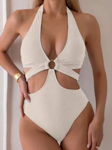 SHEIN Swim 1 buah Baju Renang Wanita Terusan, Warna Polos Gaya Minimalis, Cocok untuk Musim Panas - Aprikot - View 5