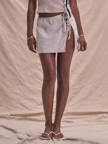 MUSERA Side Tie Linen Woven Mini Skirt Summer Holiday Vacation Cute Chic Elegant Party - White - View 2