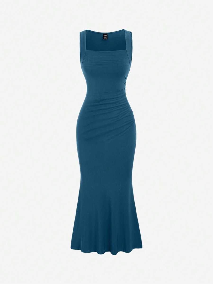 Sweetra 女士方领褶皱无袖连衣裙 酒红色长款女装 - 水鴨藍 - 查看 1