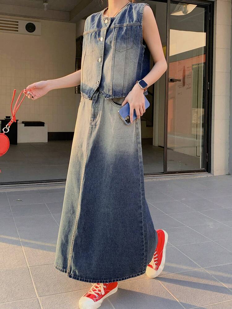 2pcs Women Denim Set: Round Neck Vest And Skirt