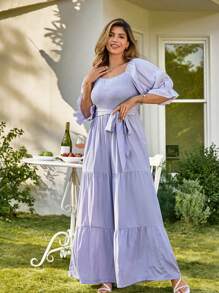 KURAYIA Plus Size Square Neck Wide Leg Loose Belted Jumpsuit, Vacation Wear - Purple - View 1