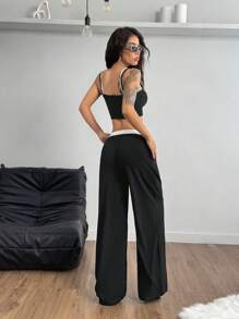 Coolane Conjunto de ropa de primavera/verano para mujer con estilo de calle de moda, parte superior de cami con empalme de colores contrastantes 2 en 1 + pantalones con bloques de color