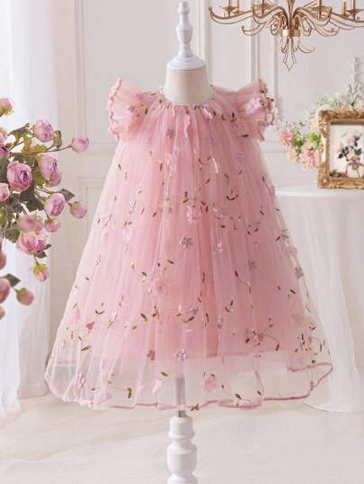 SHEIN 女孩编织网眼刺绣圆领荷叶边下摆修身连衣裙