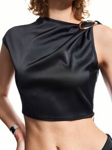 LYSMO 2025 New Arrival Summer Women's Matte Satin Asymmetrical One-Shoulder Knot Top And Knot Detail Skirt Set,Party Cloth - Black - View 5