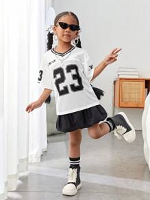 SHEIN Leap Crew Young Girl 2 Pieces Set: Loose Numeric Print Woven Top And Solid Colored Woven Mini Skirt - Black and White - View 6