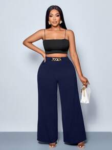 SOLERSUN 大码女式纯色腰带细节阔腿裤、裤子、四季款式、派对、音乐会、通勤日常款式、音乐节、浪漫、情人节、度假 - 藏蓝色 - 查看 3