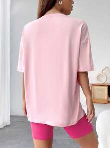 Flirla Bộ đồ thường ngày 2 món cho nữ có áo phông cổ tròn tay ngắn in chữ và quần short - Hồng - Xem 2