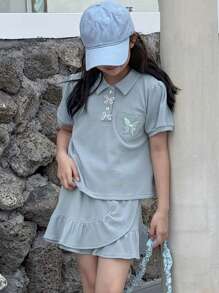 DAZY 2 件套青少年女孩针织领短袖 T 恤和裙子套装，夏季，返校服装 - 藍色 - 查看 4