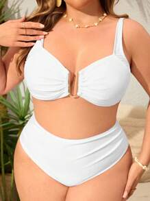 Swim Chiccia 2pcs Plus Size Women Solid Color Textured Fabric Spaghetti Strap Ruched Split Swimwear Set, Casual Beach Pool Wear - White - View 3