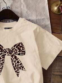 SHEIN Leap Crew Camiseta de cuello redondo de manga corta informal sencilla para niñas preadolescentes, adecuada para primavera/verano - Beis - Ver 3