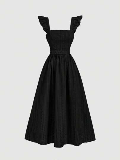 SHEIN MOD 黑色镂空腰部夏季长裙、荷叶边袖、后背蝴蝶结、毕业礼服、派对礼服、夏季女式挤奶女工装、蝴蝶结连衣裙、波西米亚风连衣裙、长裙、沙滩裙、黑色连衣裙、刺绣连衣裙、乡村音乐会连衣裙、早午餐连衣裙、蓝色长裙、早午餐连衣裙