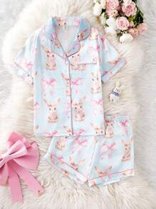 Set Piyama Celana Pendek Sutra Imitasi Motif Pita & Kelinci untuk Anak Perempuan, Pakaian Rumah yang Nyaman - Baby Blue - View 3