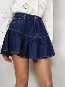 Maija Women's Blue Denim Skirt With Ruffle Hem - Dark Wash - View 3