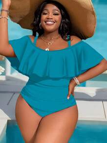 Slaydiva Traje de baño de una pieza con hombros descubiertos y volantes de unicolor para mujer de talla grande - Azul menta - Ver 4