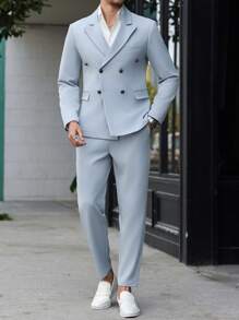 Manfinity Mode Plus Size Men's Simple & Fashionable Summer Suit - Blazer And Trousers Set - Light Grey - View 1