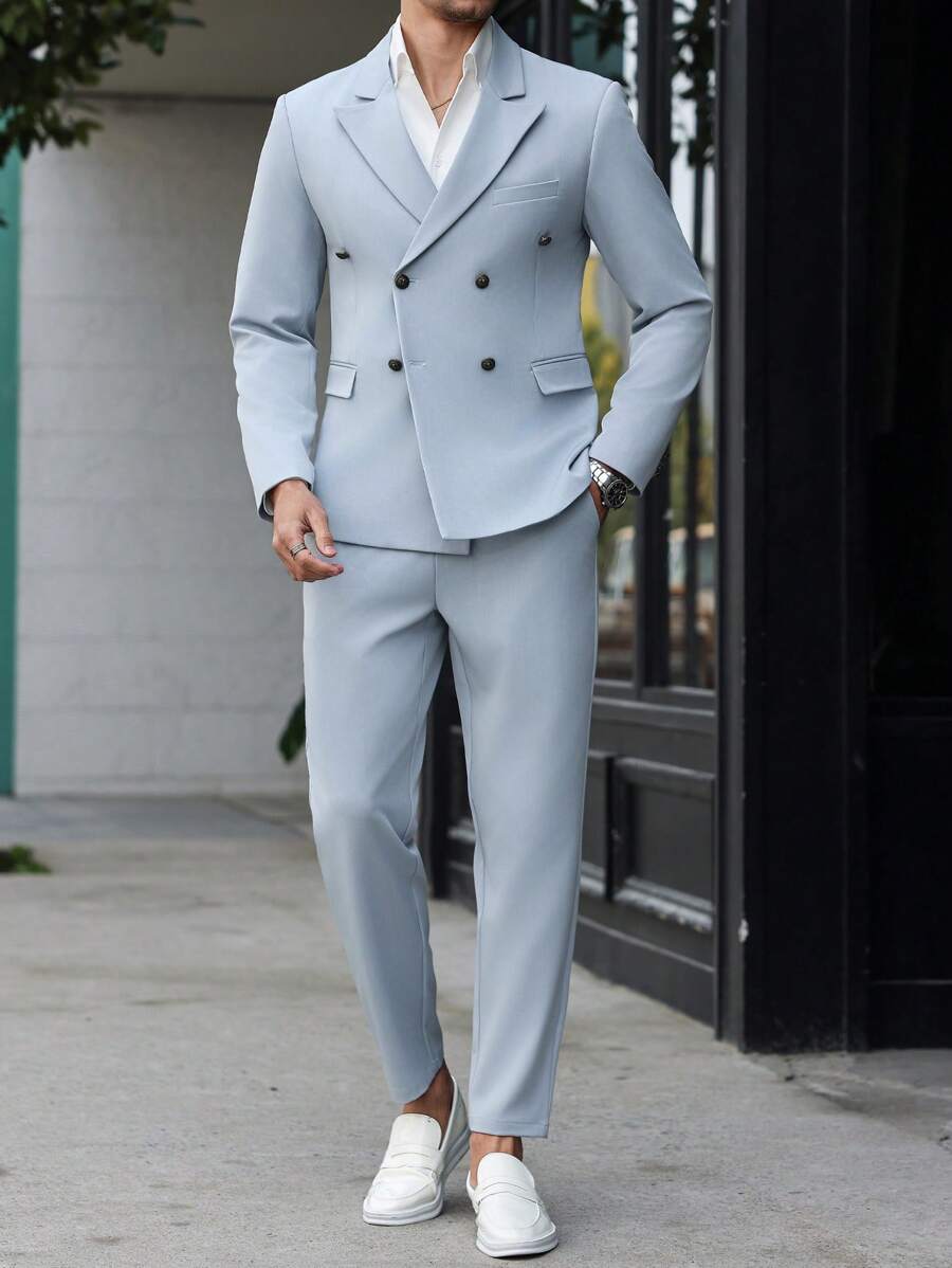 Manfinity Mode Plus Size Men's Simple & Fashionable Summer Suit - Blazer And Trousers Set - Light Grey - View 1
