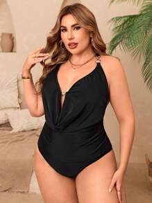 Swim Chiccia 2pcs/Set Plus Size Women's Black Metal Accent Deep V Backless Sexy Tankini Set, Minimalist Summer Swimwear & Beachwear - Black - View 4