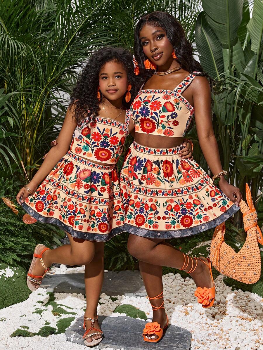 SHEIN SLAYR KIDS Tween Girl Fashion Holiday Floral Print Tank Top & Placement Flower Print Skirt 2pcs Set Mommy And Me Matching Outfits (2 Sets Sold Separately) - White - View 1