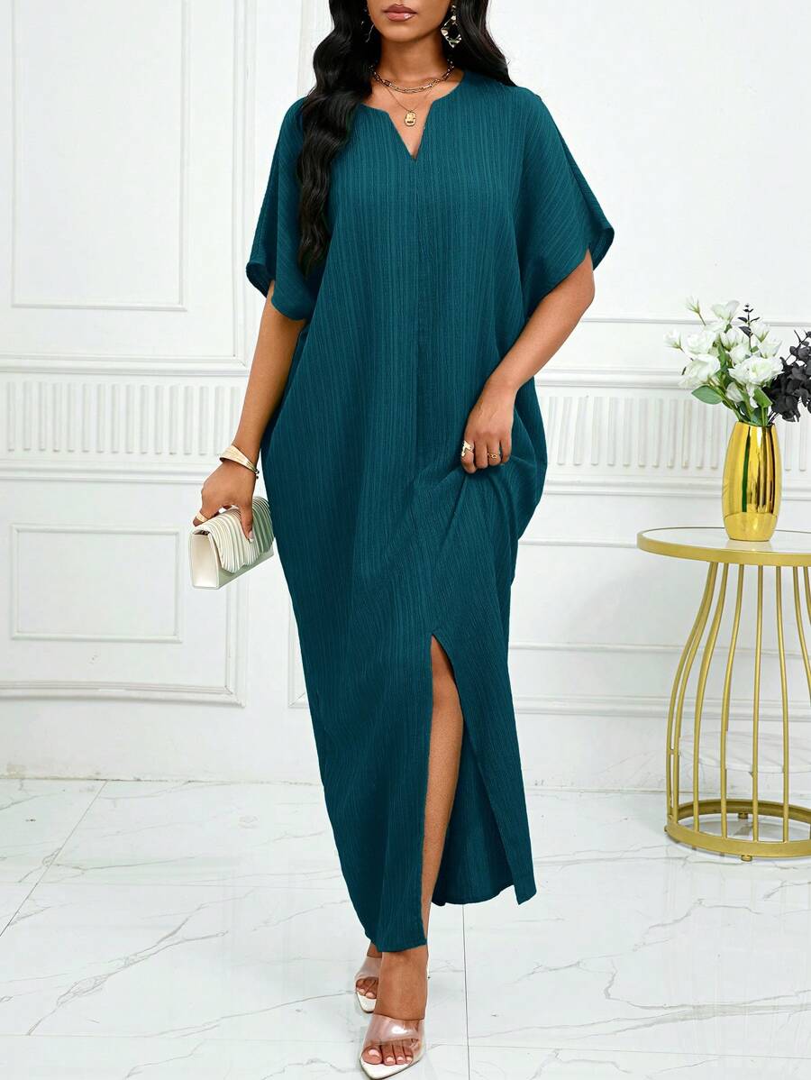 SHEIN Lady Gaun Kaftan Lengan Kelelawar Berlekuk Warna Hijau untuk Musim Gugur dan Musim Dingin - Biru - View 1