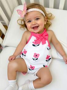 Baby Girl Sweet Cute Lightweight Mesh Ditsy Floral Patchwork Bow Bodysuit, Summer - Pink - View 1