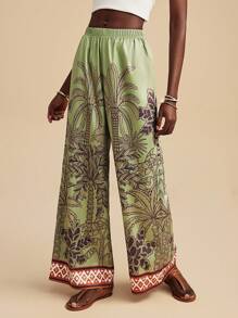 Travachic Quần ống rộng in họa tiết cây cọ cho nữ, thích hợp cho kỳ nghỉ - màu xanh lá - Xem 5