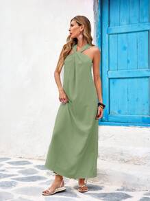 Vivid Eden Solid Color Woven Halter Dress For Women,S,For Summer Beach Vacation,Casual Style,Festival,Vacation Dress,Summer Outfits For Women,Beach Outfits For Women