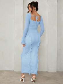 MaterniChic Váy dài tay màu hồng trang nhã có họa tiết hoa, trang phục bầu thích hợp cho những buổi hẹn hò thường ngày, sự kiện và tiệc tùng - Màu xanh lam - Xem 2