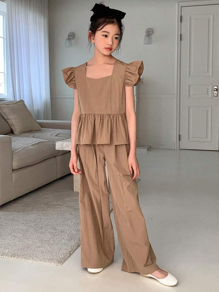 2pcs Tween Girl) Woven Solid Color Short Sleeve Top And Wide Leg Pants Set, Spring/Summer