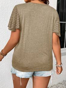 SHEIN Frenchy Plus Size Women Lace Patchwork Ruffle Short Sleeve T-Shirt - Khaki - View 2